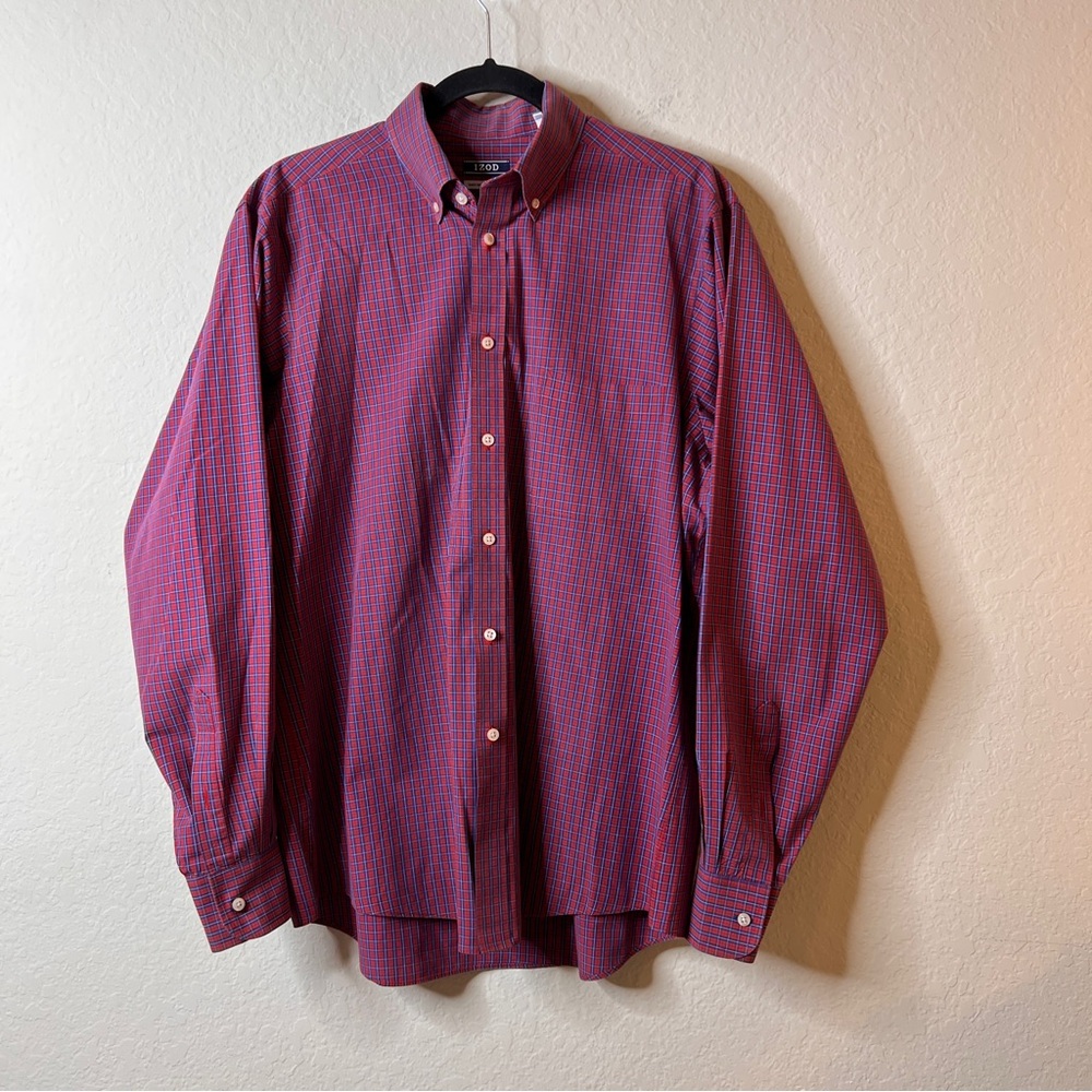 Izod Men’s Red Blue Plaid Button-Down Shirt Long Sleeve Regular Fit 16 34/35